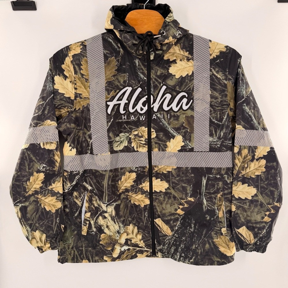 Aloha Hawaii Camouflage Reflective Safety Windbreaker Jacket Mens XL Green Brown